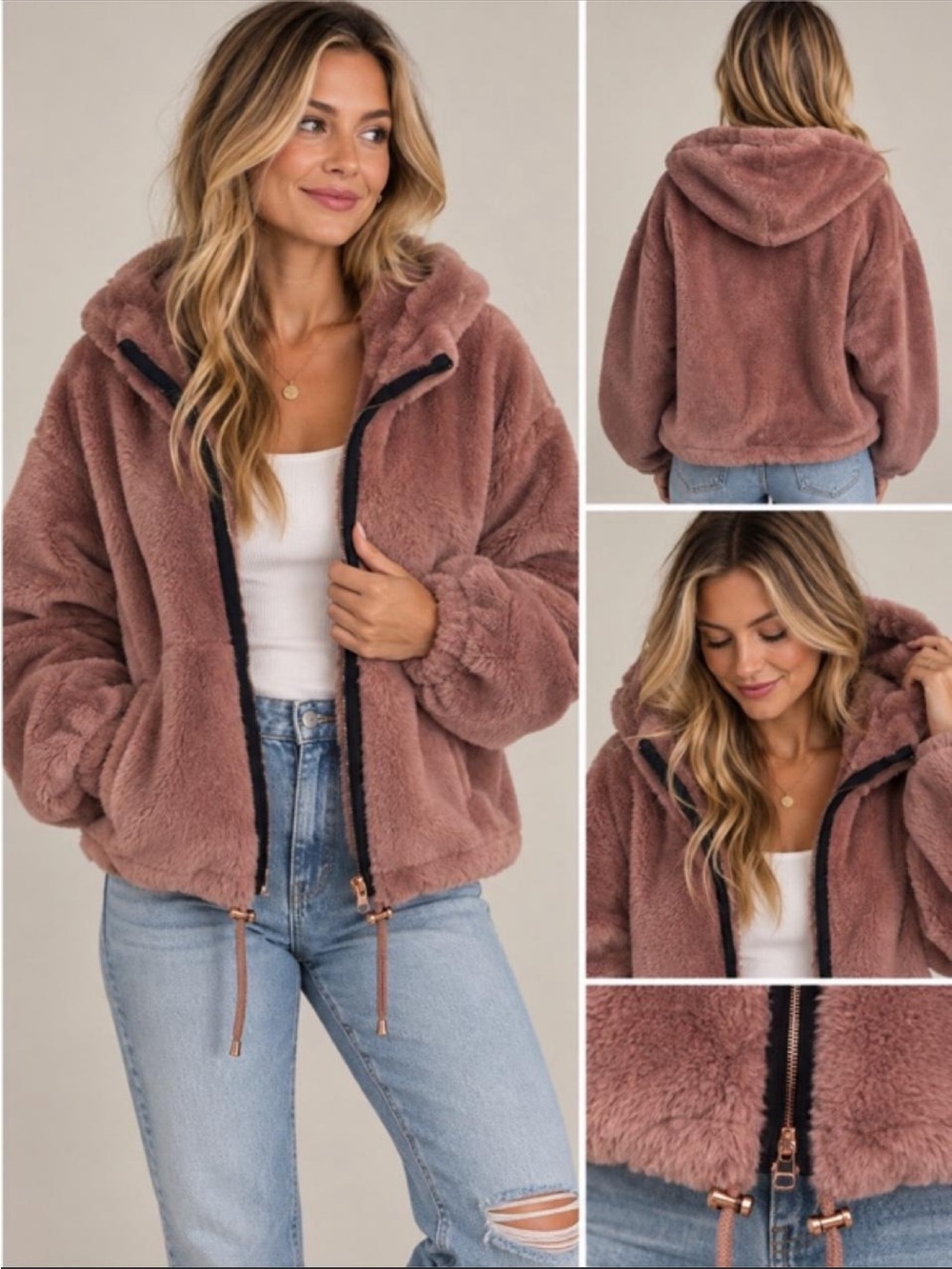 Lucky Brand Plush Hooded Teddy Jacket in Mauve